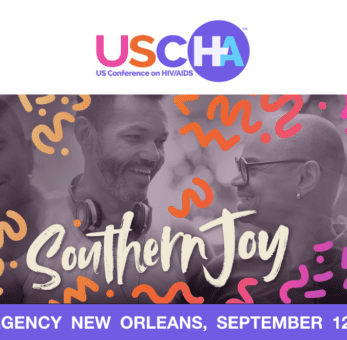 Banner image for the US Conference on HIV/AIDS (USCHA) 2024, featuring a diverse group of smiling individuals with the text "Southern Joy" prominently displayed in a stylized font. The background is decorated with colorful abstract patterns. The image includes the event details: "Hyatt Regency New Orleans, September 12-15, 2024."