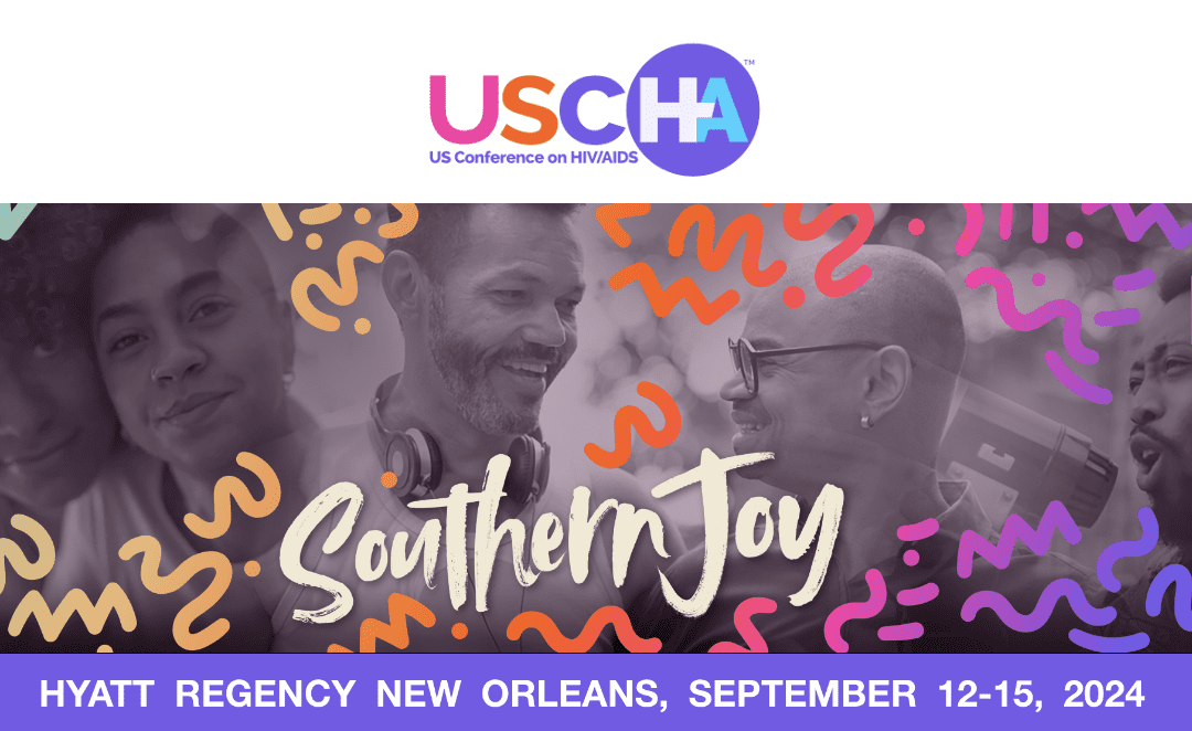 Banner image for the US Conference on HIV/AIDS (USCHA) 2024, featuring a diverse group of smiling individuals with the text "Southern Joy" prominently displayed in a stylized font. The background is decorated with colorful abstract patterns. The image includes the event details: "Hyatt Regency New Orleans, September 12-15, 2024."